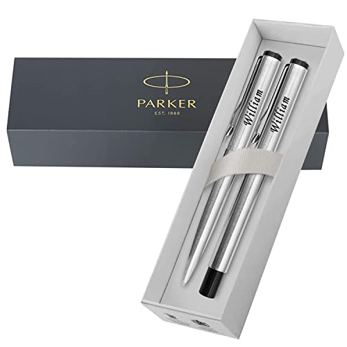 PARKER Personalised Engraved Vector Stainless Steel Chrome trim Ballpoint and Fountain Pen Set – Ideal for Men and Women, Writers, Anniversaries, Christmas, Birthdays - Presentation Box