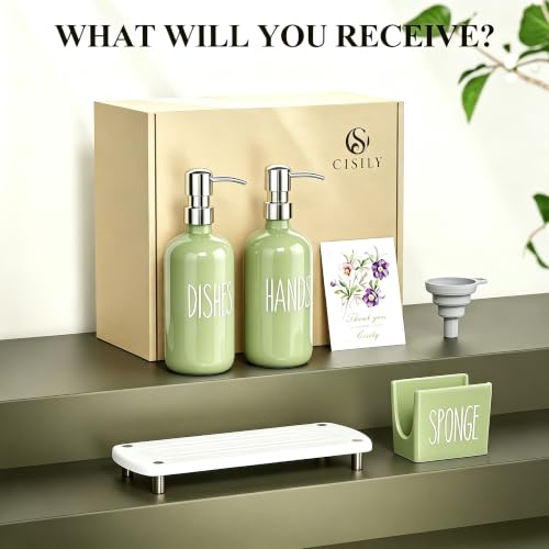 Image of Cisily Olive Green Kitchen Soap Dispenser Set with Ceramics Sponge Holder | Stainless Steel Silver Pumps, and Instant Dry Tray, Hand and Dish Soap Dispenser Set, Kitchen Sink Olive Green Decor