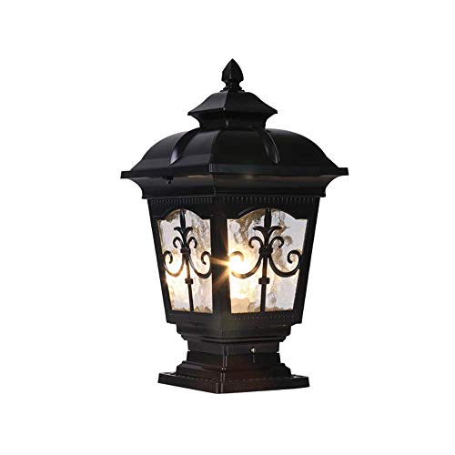 European Villa Garden Wall Column Light Lantern Vintage Rainproof Aluminum Landscape Pillar Lamp Outdoor Safe E27 Led Patio Post Lighting Fixture for Villa Doorway Balcony, C-L, Black