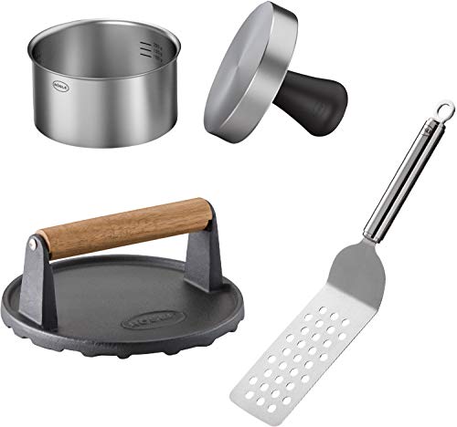 RÖSLE Set da hamburger per barbecue in 3 pezzi, pregiato set per hamburger completo di pressa professionale per hamburger, peso da barbecue e paletta per hamburger, acciaio inox 18/10, ghisa smaltata