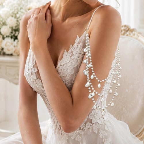 2 Pcs Pearl Shoulder Chain Detachable Bridal Arm Jewelry Layered Beaded Tassel Epaulettes for Wedding Prom Dress Sleeves Pearl Straps Accessory (White-2Pcs) by Eyraevor - Used condition - Image 4