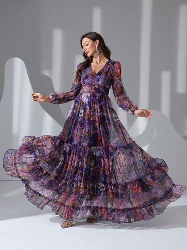 Image of TOLEEN Summer Casual Dresses for Women 2024 Spring Fashion Boho V Neck Long Sleeve Ruffle Floral Print Elegant Maxi Dress