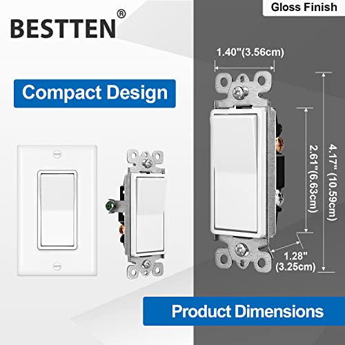 [4 Pack] Bestten 3-Way Decorator Wall Light Switch With Wallplate, 15A 120/277V, On/Off Rocker Paddle Interrupter, Ul Listed, White #TOP5