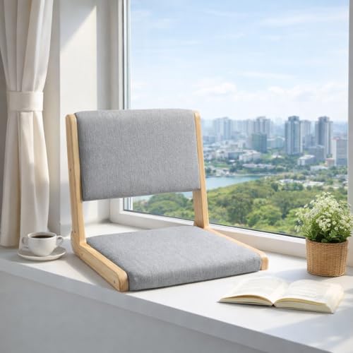 Image of HollyHOME Foldable Japanese Style Floor Chair with Back Support, Wood Legless Tatami Chair with Cushion, Accent Meditation Seat for Bay Window, Living Room, Bedroom, Light Grey