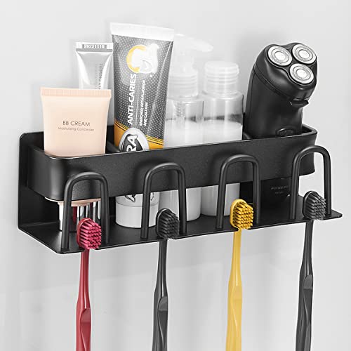 Wall Mounted Toothbrush Holders For Bathrooms Shower Wall Organizer No Drilling For Wall, Space Aluminum Material Black ( 4 Slots ) #TOP2