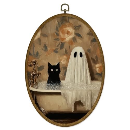 ODFGBDS Halloween Ghost Cat Bathroom Canvas Oval Wall Art Decor 8.6x11.4in