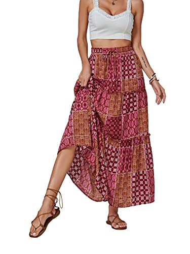 Vrtige Women's Printed Drawstring Elastic Waist Frill Tiered Flowy Hem A Line Maxi Skirt Red Small #TOP4