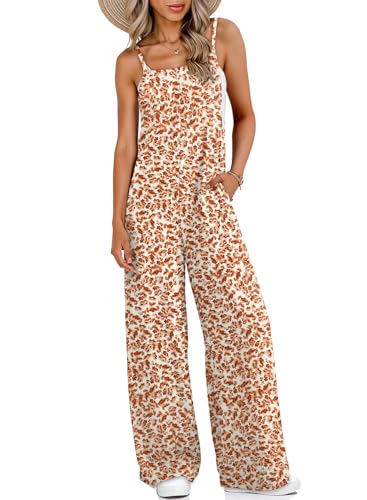 Dokotoo Floral Jumpsuits for Women Casual 2026 Trendy Women's Summer Long Pants Sleeveless Square Neck Jumpsuits Boho Wide Leg Loose Fit Rompers Overalls With Pockets for Ladies Orange Large — view 3