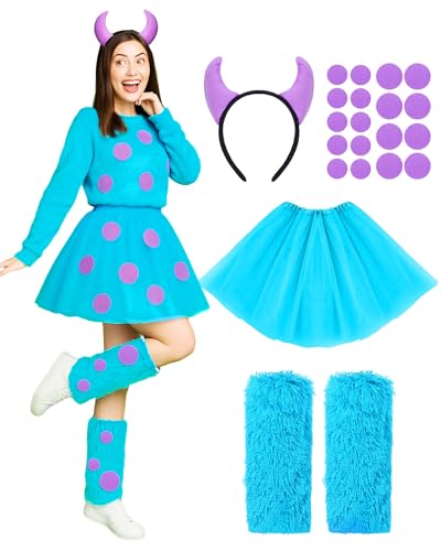 Mepase 4 Pcs Halloween Blue Furry Monster Costume for Adult Women with Tutu Skirt Leg Covers Horn Headband Purple Adhesive Felt Circles