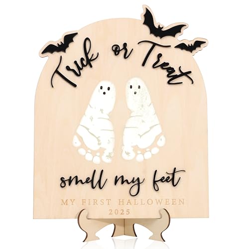Trick or Treat Footprint Sign - My First Halloween Wooden Board,Spooky Bat DIY Footprint Art Board,Standing Halloween Souvenir Photo Prop,Black Bat Party Table Centerpieces