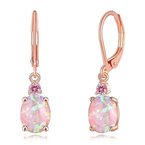 Cinily Dangle Drop Earrings For Women Trendy 14K Rose Gold Plated Drop Dangle Earrings Pink Fire Opal Drop Earrings Hypoallergenic Birthstone Cz Earrings Jewelry Gifts For Men Teen Girls #TOP22