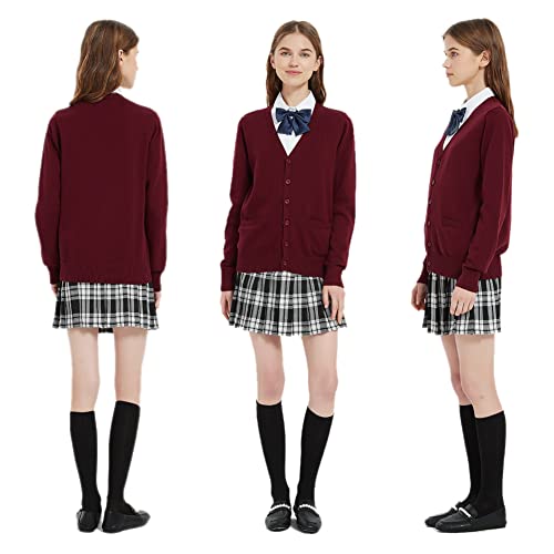 Image of Blostirno Women's Cardigan School Uniform Sweater Cardigans V-Neck Long Sleeve Button Down Knit with Pockets