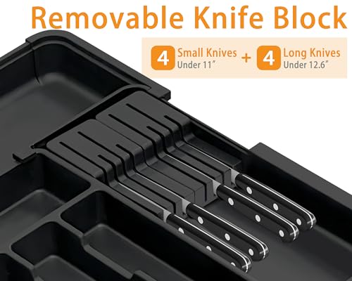 Homecor Silverware Organizer - Expandable Large Kitchen Drawer Organizer Utensil Organizer with 2 Removable Knife Blocks, 22"x 19"Cutlery Tray Drawer Dividers for Kitchen Flatware(6-9 Slots) (Black)