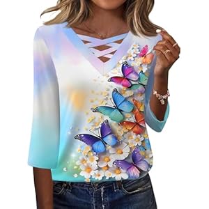 Rapbin Women Blouses Dressy Casual Spring Tops 3/4 Length Sleeve Womens T Shirts V Neck Criss Cross Tees Colorful Butterfly Large
