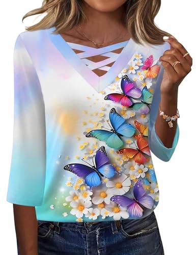 Rapbin Rapbin Women Blouses Dressy Casual Spring Tops 3/4 Length Sleeve Womens T Shirts V Neck Criss Cross Tees