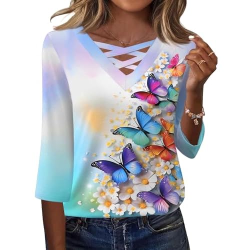 Rapbin Women Blouses Dressy Casual Spring Tops 3/4 Length Sleeve Womens T Shirts V Neck Criss Cross Tees Colorful Butterfly Large