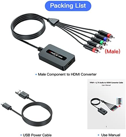 Male Component to HDMI Converter for DVD/STB/VHS with Female Component Output to Display on HDTVs,1080P YPbPr RGB to HDMI Converter, Component In HDMI Out Adapter