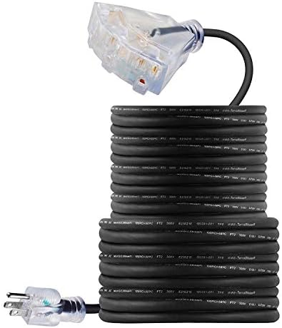 50 FT 12/3 Outdoor Extension Cord - SJEOW Rubber, Flexible, Triple Outlet, Black Wire with Live Power Light Indicator. 15 Amp