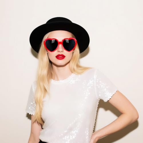 Image of Black Fedora Hats Red Heart Sunglasses Costume for Women and Men, Fashion Flat Wide Brim Round Hats