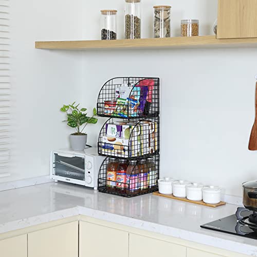Stackable Wire Basket With Handle, Wall Mounted 3 Pack Foldable Metal Baskets For Kitchen Home Room Shelf, Open Storage Organizer Bin, Can Be Used Together Or Used Alone #TOP2