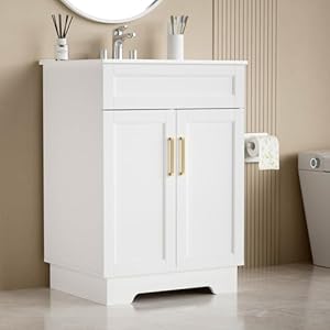Bathroom Vanity with Ceramic Sink, Bathroom Vanity Cabinet with 2 Doors, 24 Inches Wooden Bathroom Sink Cabinet, White