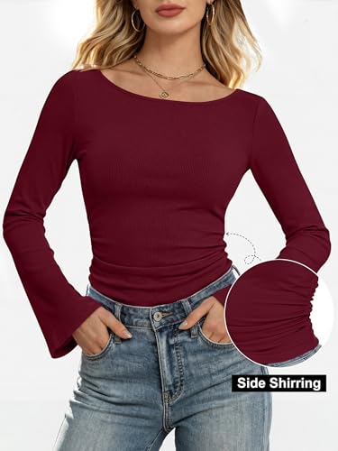 ANRABESS Women Bell Long Sleeve Shirts Boat Neck Top Wine Red X-Small — view 4