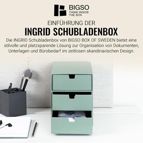 BIGSO INGRID Schubladenbox für Dokumente und Bürobedarf – Schreibtisch Organizer mit 3 Schubladen – Ablagesystem aus Faserplatte und Papier in Leinenoptik – mintgrün