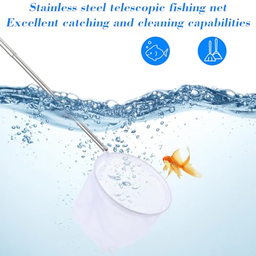SHENLIU 3 Stück Aquarium Kescher Fischnetz, Kleines Garnelennetz, Aquarium Fischnetz mit Edelstahl Teleskopstangen Griff 8cm Quadratische&10cm Rund Kescher Klein für Aquarien kleine Teiche und Pools