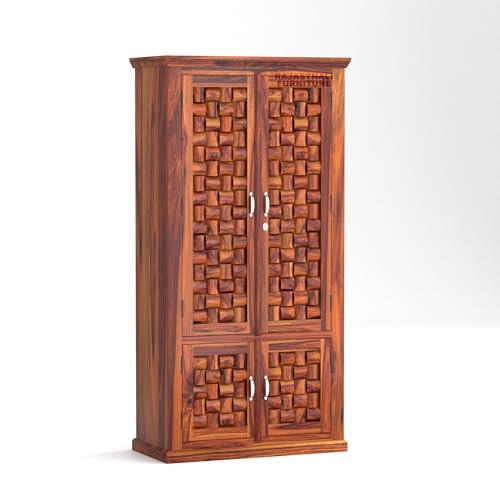 Image of Niwar Solid Sheesham Wood Wardrobe for Bedroom Modular Wooden Wardrobe Space Saving with 2 Door & 2 Drawer /Storage Rack Clothes Almirah Cupboard for Bedroom (Honey Finish)