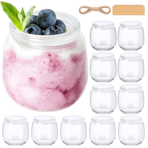 Acrrynii 200ml Vasos Yogurtera con Tapa, 12 Piezas Tarros de Yogur con Tapa, Pequeños Botes de Cristal para Yogur y Pudín