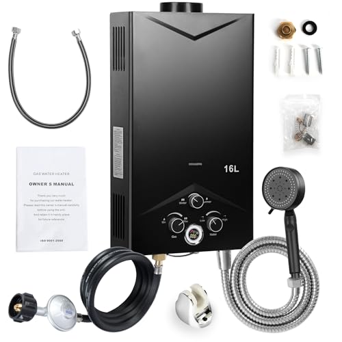 Calentador de agua sin tanque 4.21 gmm, calentador de agua de gas portátil con pantalla digital, calentador de tanque exterior 16L, aumento de temperatura rápido 167 ° F, ahorro en negro
