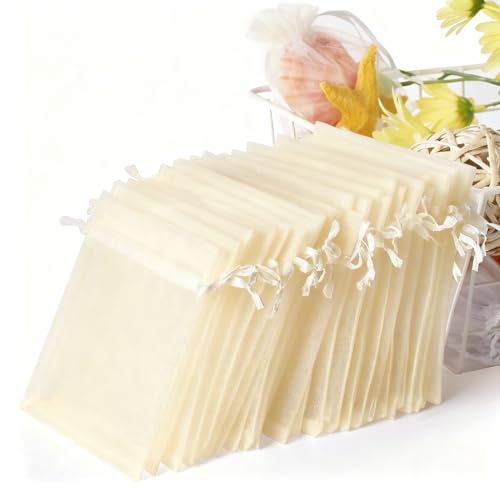 BCHKO Set de 50 Bolsas de Organza con Cierre de Cordón, Bolsitas para Regalos de Boda, Ceremonias o Recepciones, Bolsas para Joyas (8 x 10 cm) (color crema)