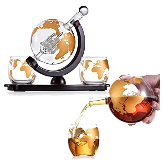 Whiskey Decanter Globe Gift Set - with Two 10 oz Gold Etched Globe Whisky Glasses - on Rich Wood Mahogany Base Tray - Gold Whiskey Dispenser for Liquor, Scotch, Bourbon, Vodka - 850ml - Bzrat