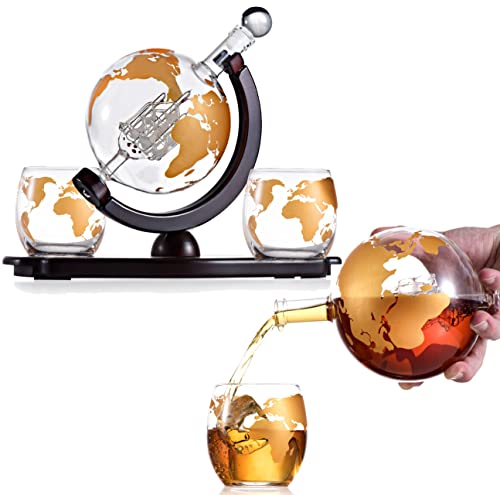 Product Image of the Whiskey Decanter Globe Gift Set - with Two 10 oz Gold Etched Globe Whisky Glasses - on Rich Wood Mahogany Base Tray - Gold Whiskey Dispenser for Liquor, Scotch, Bourbon, Vodka - 850ml - Bzrat