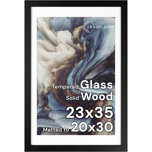 Frame Amo 23x35 Black Solid Wood Poster Frame, White Mat for 20x30 Image, Tempered Glass Front, 1.5 inch Wide, 1 inch Thick, High-End, Heavy-Duty, Gallery Grade & Acid-Free