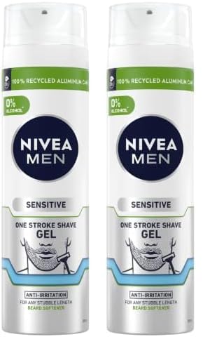 NIVEA MEN Sensitive One Stroke Shaving Gel (200ml) With Chamomile Extract + Vitamin E, Beard Softener for Men, Pack of 2