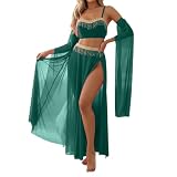 Genérico Disfraz de Danza del Vientre para Vestido Largo Transparente de Malla con Lentejuelas (Dark Green XXL)