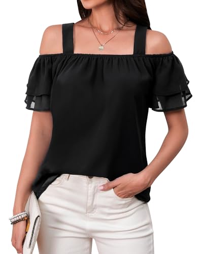 Women's Casual Tops Short Sleeve Cold Shoulder Shirts Loose Square Neck T Shirts Blouse