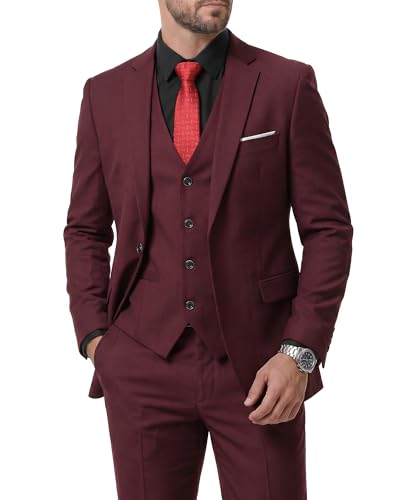 MY'S Herren 3-teiliges Solid Anzug Set, One Button Slim Fit Jacke Weste Hose mit Krawatte - Violett - S
