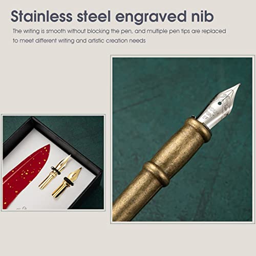 Image of Luxury Feather Quill Dip Pen Set with Stand & Black Ink - Vintage Calligraphy Writing Kit with 2 Extra Nibs - Elegant Signature Pen Gift for Kids, Writers & Artists (Ink Feather Pen Black)