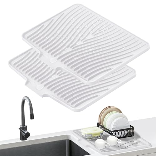 TIKNIK Silicone Dish Drying Mat for Kitchen Counter, White-2pcs, 16" x 12"