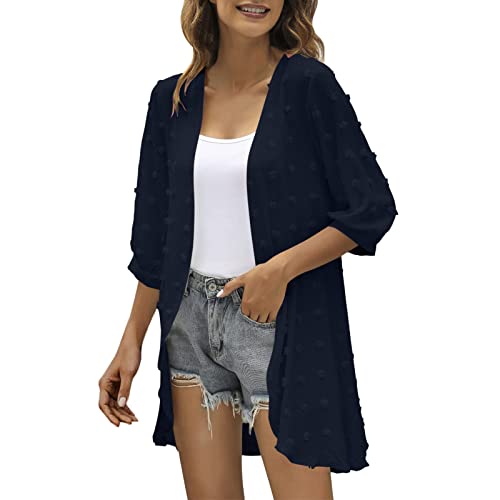 Cárdigan de manga tres cuartos para mujer, cárdigan fino de verano para mujer, cárdigan de ajuste holgado, ligero, chaqueta de verano con volantes, chaqueta de media manga con volantes, azul oscuro, M