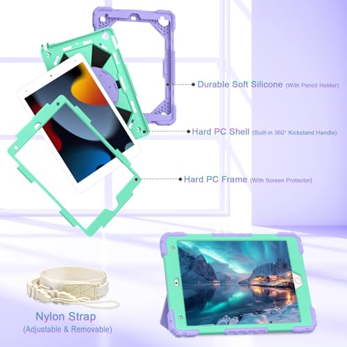 Image of Auizotl Case for iPad 9th /8th /7th Generation 10.2 Inch iPad Case 9th Generation with Screen Protector /Rotate Stand /Pen Holder, Heavy Duty Shockproof i Pad 9th /8th /7th Cases,Purple Green