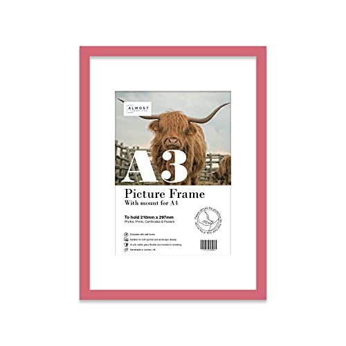 A3 Pink Picture Frame With White Mount for A4 (21 x 29.7cm -8.3 x 11.7in) Print, Photo, or Poster. Portrait and Horizontal Wall Hooks