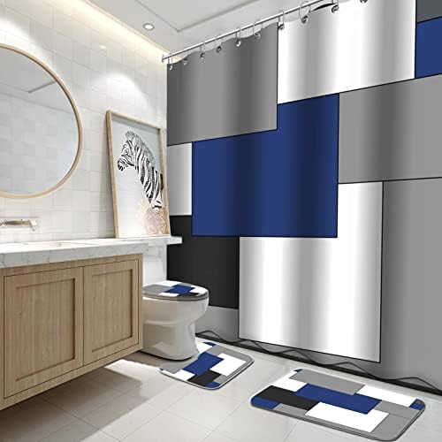 KINUUIS 4PC Navy Blue Bathroom Shower Curtain Sets Grey and Black Bathroom Sets,White Modern Bathroom Sets with Rugs and Accessories,Abstract Shower Curtain for Bathroom Decoration