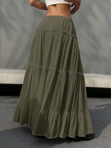 Women's 2025 Summer Casual Long Skirts Solid Color Ruffle Hem Long Casual Skirt3