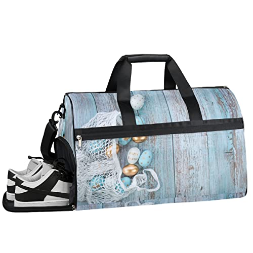 Gold Eggs String Bag Blue Wooden Sports Gym Bag With Wet Pocket & Shoes Compartment Travel Duffel Bag For Men Women Basketball Weekender Bag For Plane Swim Yoga #TOP11