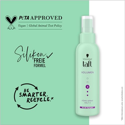 Schwarzkopf Taft spray do suszarki do włosów, pojemność (150 ml), stopień utrzymania 3, spray do suszarki do włosów do wszystkich rodzajów włosów, spray objętościowy, wegańska formuła *