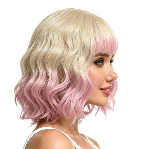 Image of Rose bud Wavy Bob Wig with Bangs Synthetic Natural Wig Short Curly Wigs for Women Blonde to Pink
