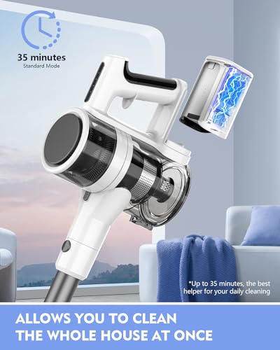 Vacuum Cleaners for Home, 80,000PRM Powerful Motor Cordless Vacuum with Removable 2200mAH Battery up to 35 Mins Worktime, 2 Adjustable Modes and Detachable Parts Stick Vacuum (White Zinc Gray)